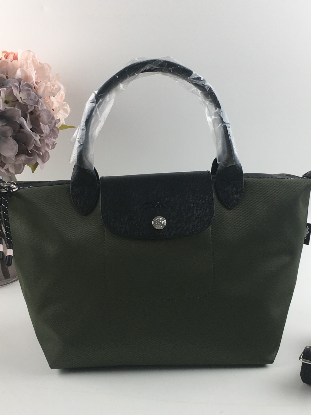 Olive Green Top-Handle Tote With Black Trim